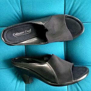 Coldwater Creek Black Leather & Micro Fiber Wedge Comfort Sandals 11M NWT